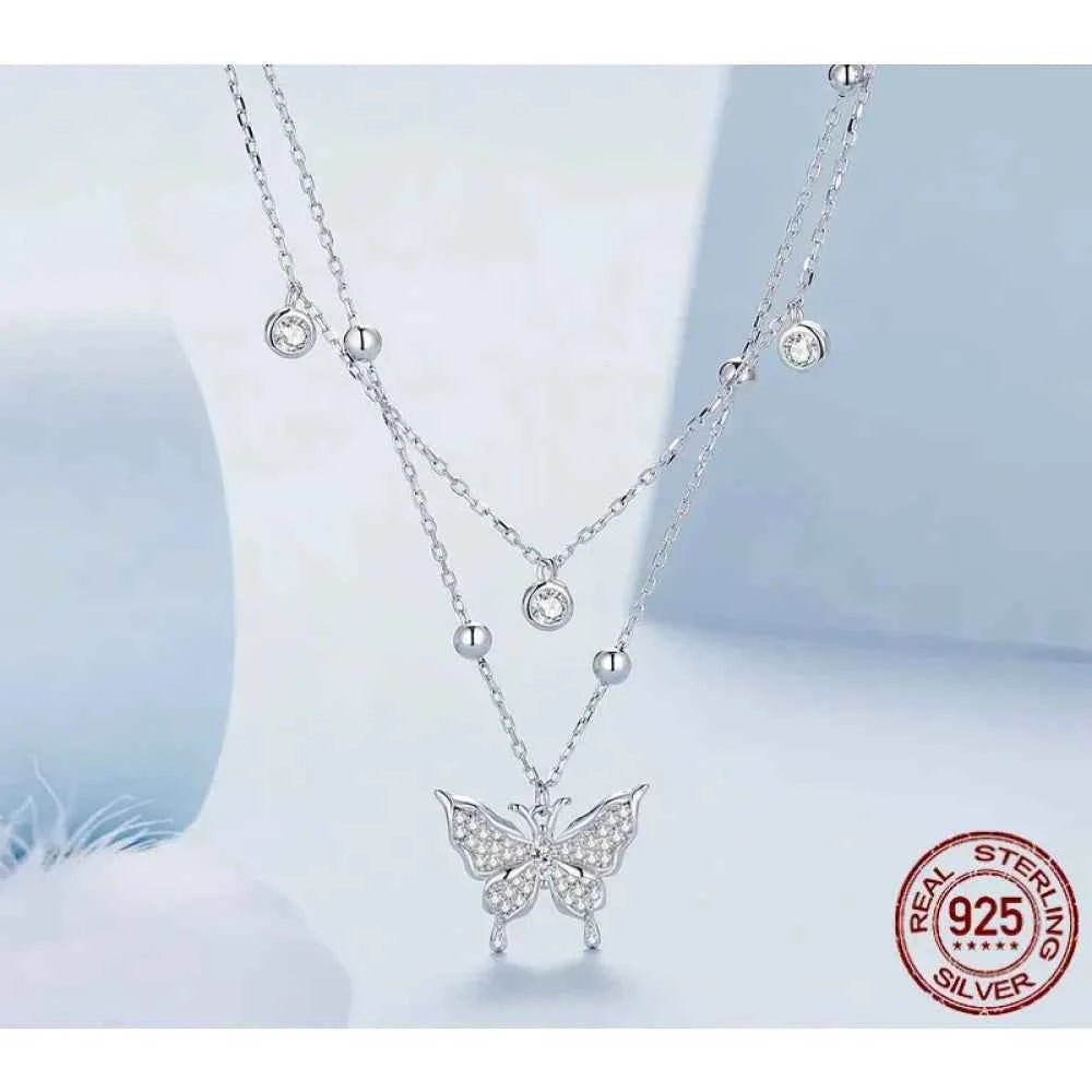 925 Sterling Silver Double-layer Tassel Butterfly Pendant Necklace for Women - Elegant Fine jewelry