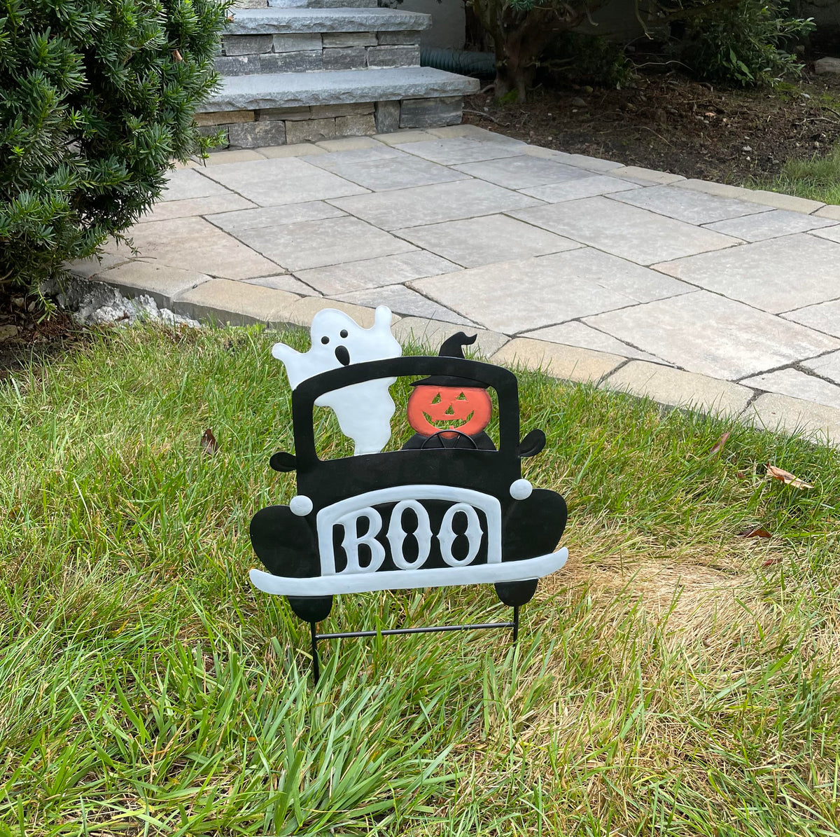 18" Halloween Metal Pumpkin and Ghost on Truck Outdoor Yard Stake