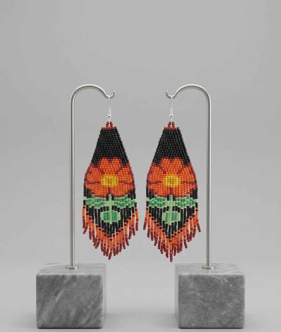 Flower Beaded Earrings ( Orange )