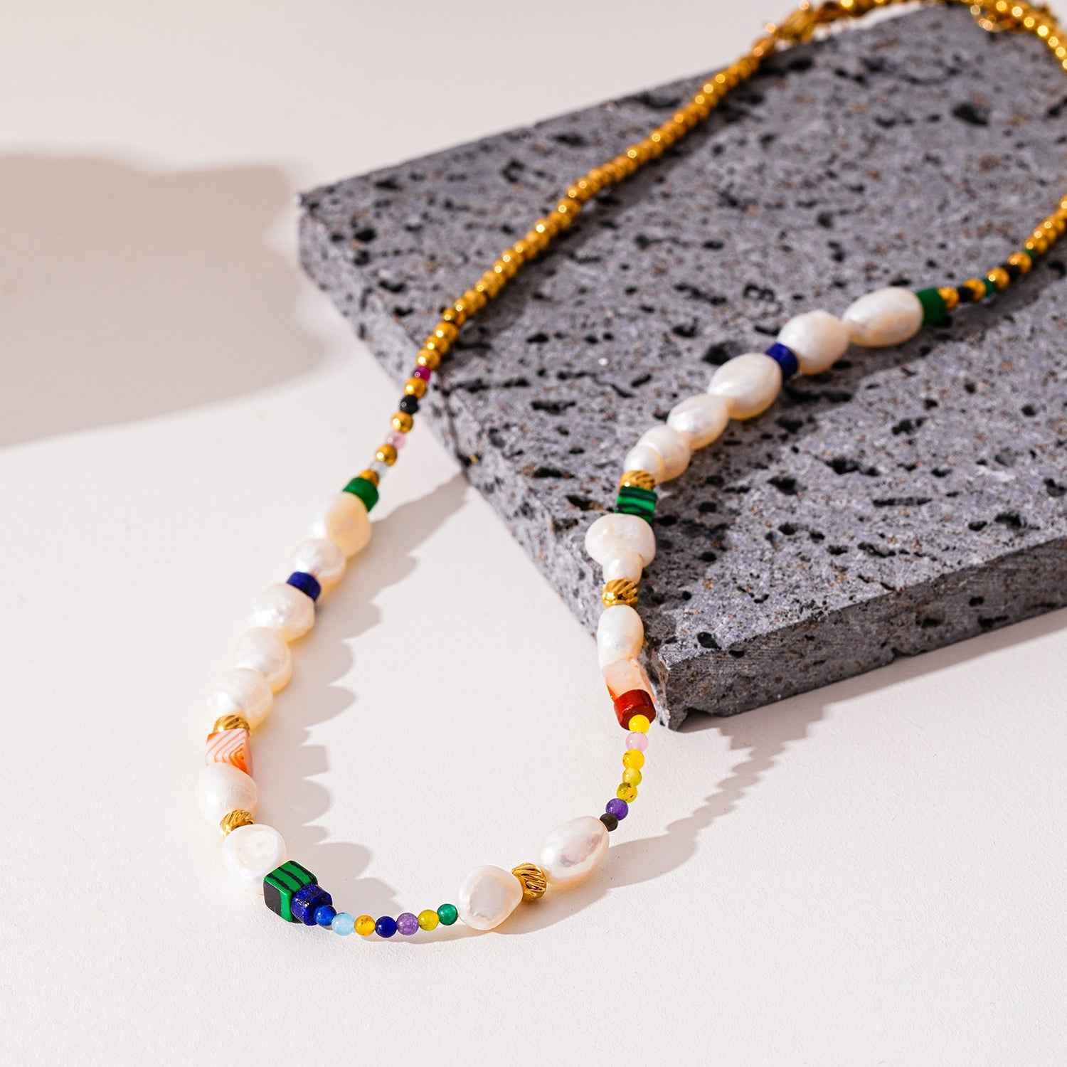 AMADIA: Paradise Found - Colourful Necklace with Gold Beads, Natural Stones, and Freshwater Pearls
