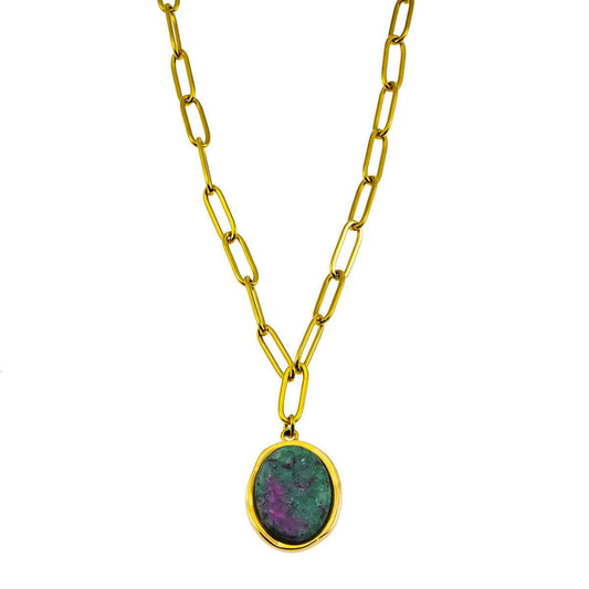 ASAMI: Contemporary Paperclip Chain anchoring a Ruby Zoisite Oval Pendant