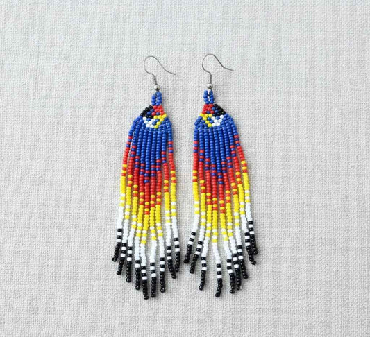 Blue red  4 corners Firebird Spirit Beaded Earrings