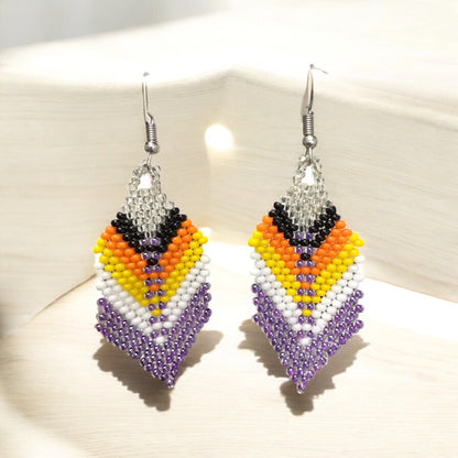 OldTribes™ purple and silver Beaded Feather Drop Earrings