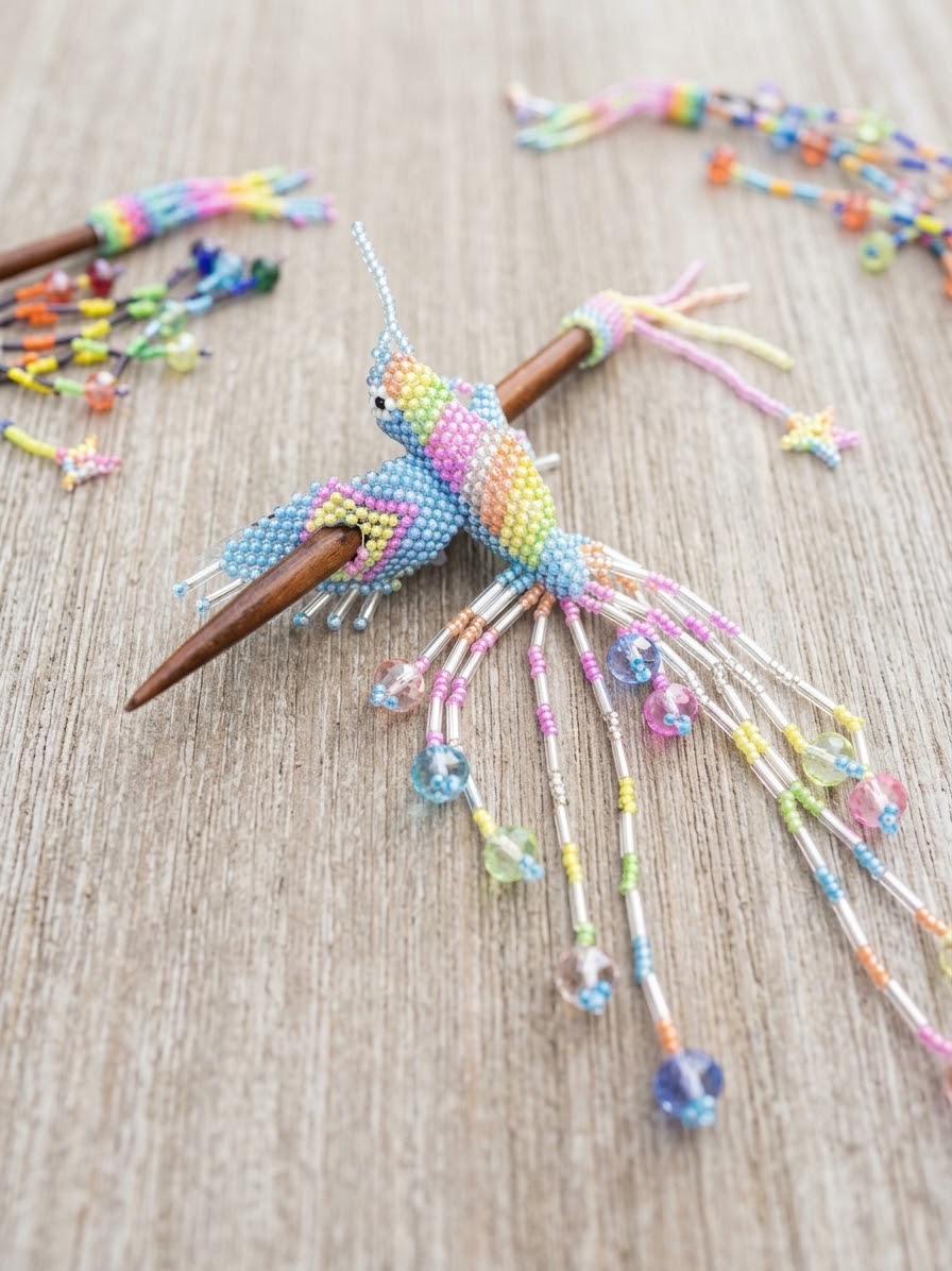 Blue Hummingbird Beaded Hair Stick
