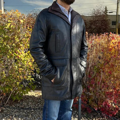 BOL Men's Double Collar Two-Tone Long Coat | Leather Jacket