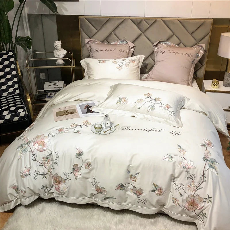 Belle Maison Embroidered Egyptian Cotton 1000 TC Duvet Set - Ivory
