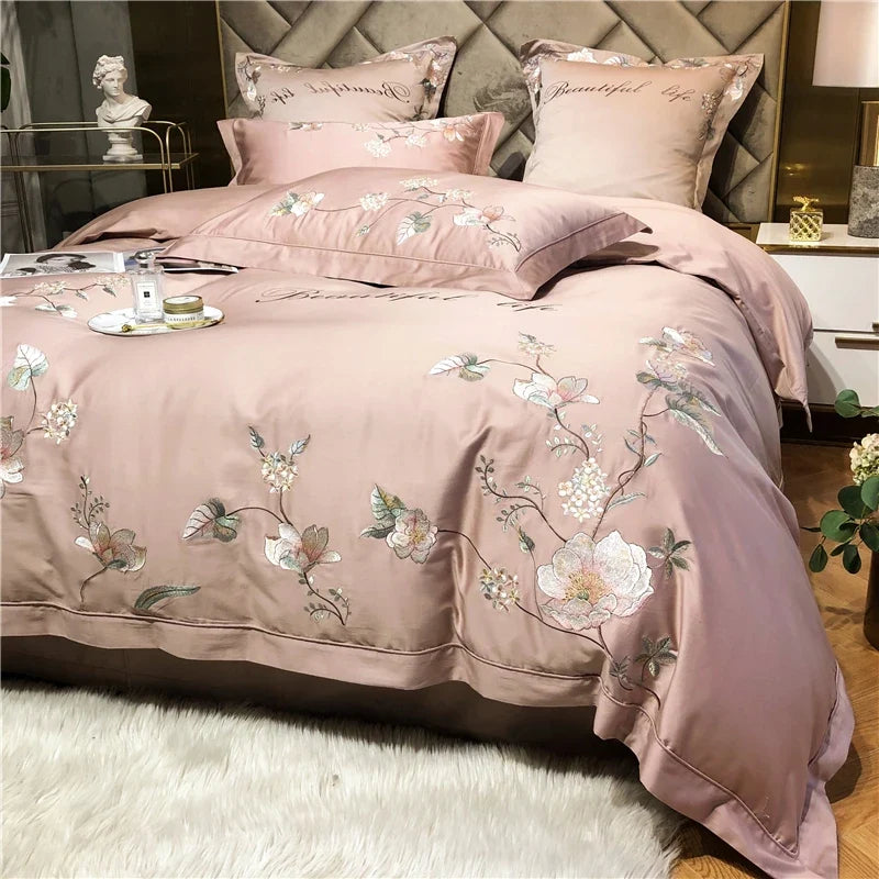 Belle Maison Embroidered Egyptian Cotton 1000 TC Duvet Set - Blush