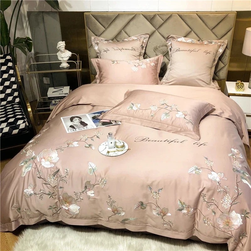 Belle Maison Embroidered Egyptian Cotton 1000 TC Duvet Set - Blush