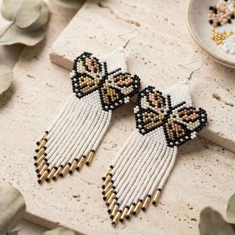 White Beaded Dancing Wing Earrings