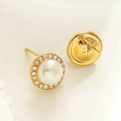 CACIA Gold: Mini Stud Earrings with Freshwater Pearl & Pavé Zirconia Border