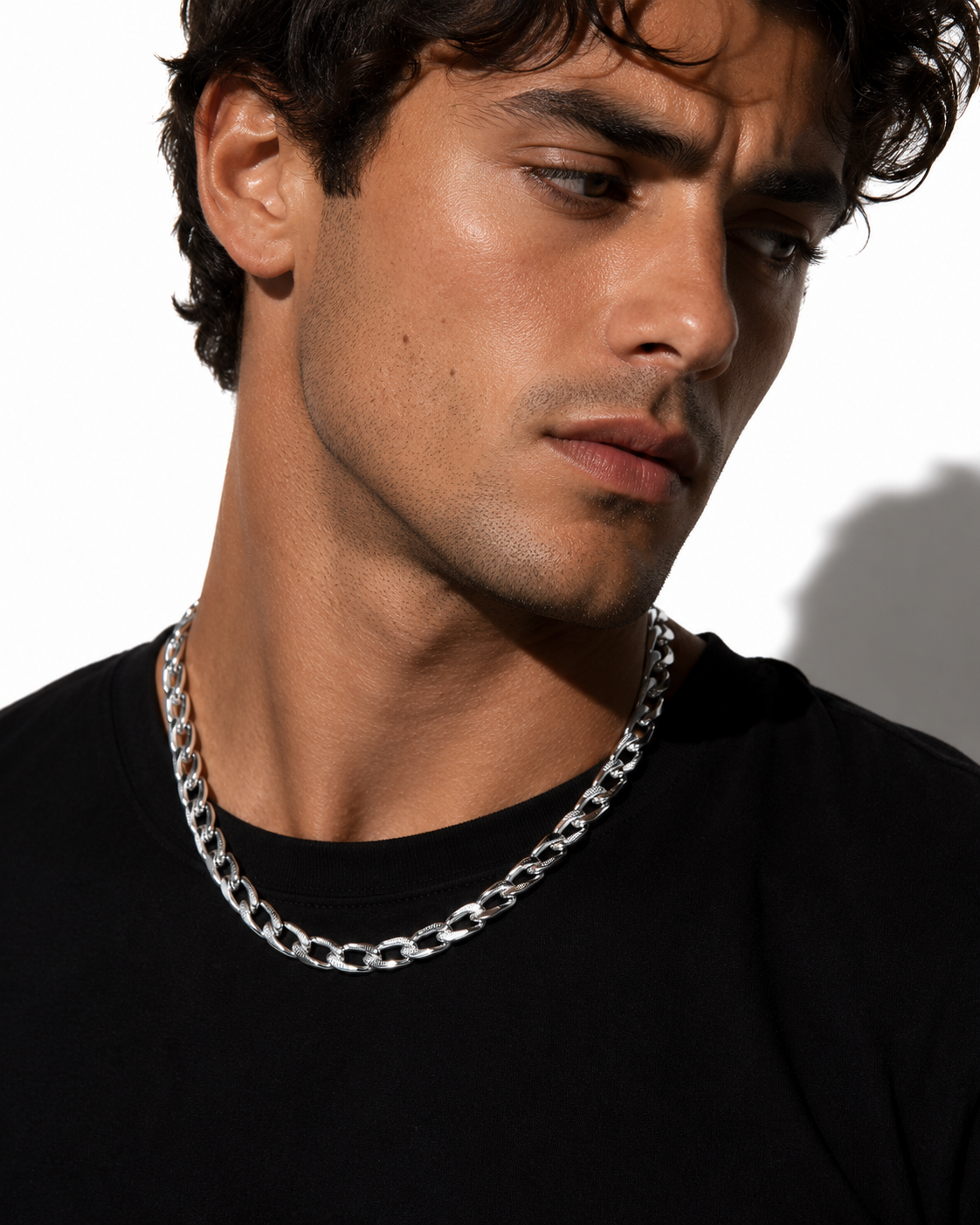 CHAPORA Silver (White Gold): Textured Cuban-Link Chunky Chain Necklace for Men & Women