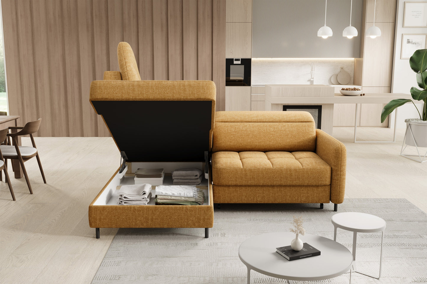 Barea 3 Seater Storage Sleeper Chaise Sofa - Mustard