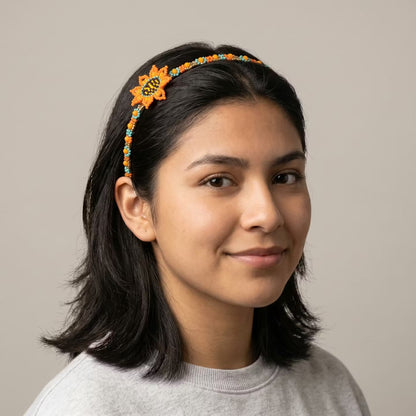 Beaded Headband with Flower Orange