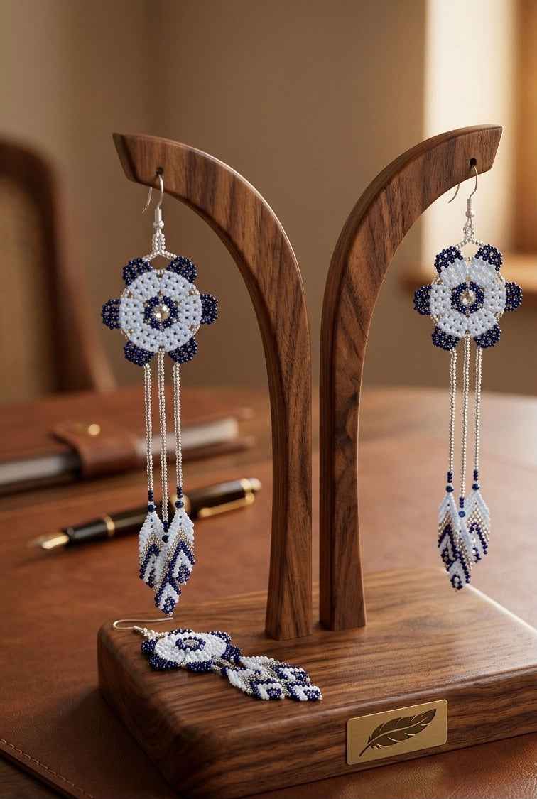 Sun Feather Bloom Beaded Earrings- white/silver/blue