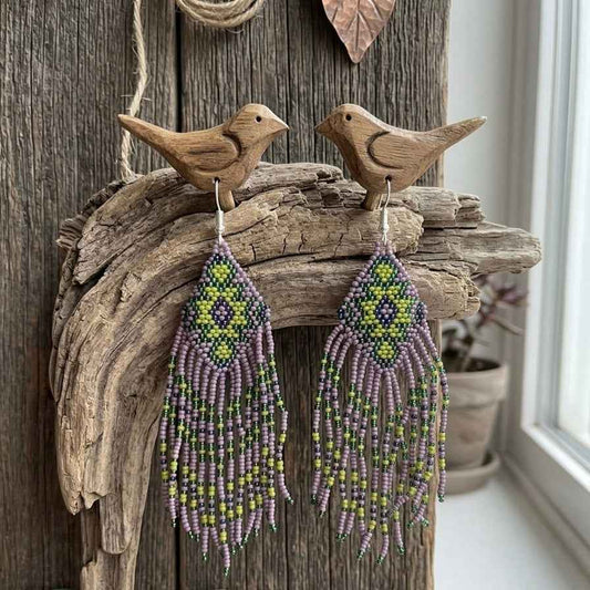 Fringe Bead Drop Earrings (Purple)