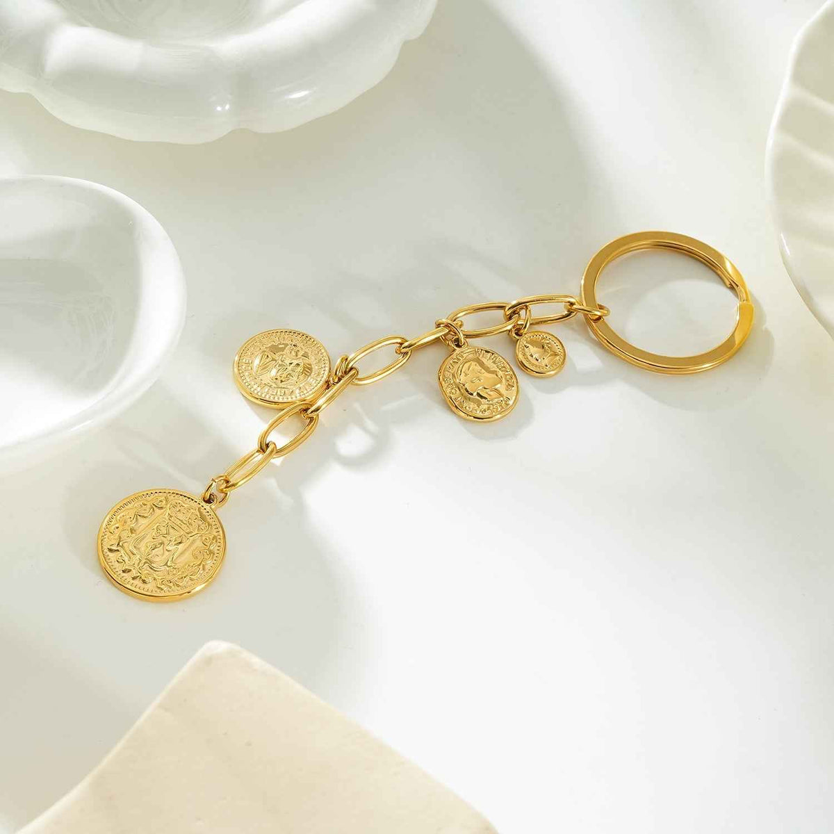 NYRIS Gold: Coin Charms on Paperclip Chain Key Ring