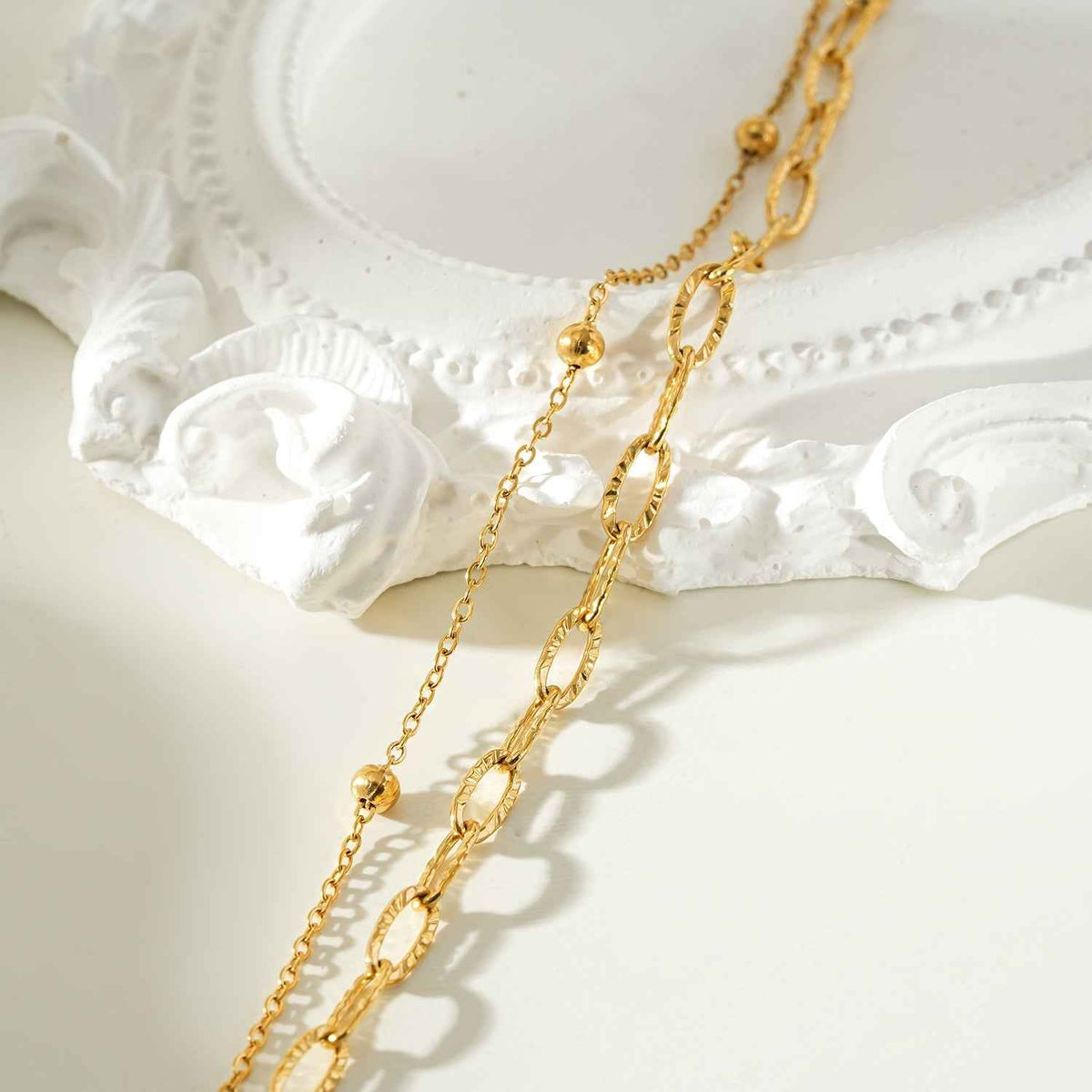 CASTILA Gold Bracelet:  Double Stacked Paper Clip Chain &  Beaded Chain - Dazzle in Duality