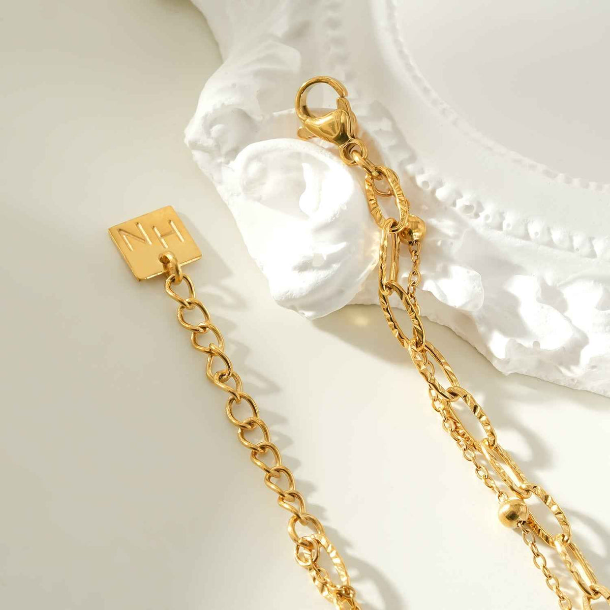 CASTILA Gold Bracelet:  Double Stacked Paper Clip Chain &  Beaded Chain - Dazzle in Duality
