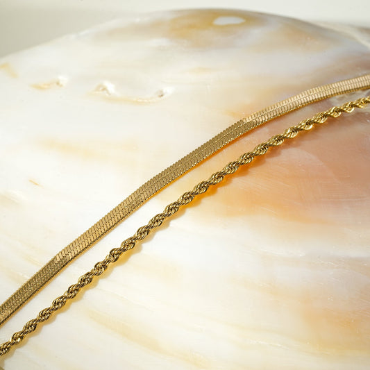 FILSAN Gold: 2-Layered Flat Snake Chain & Rope Chain Bracelet