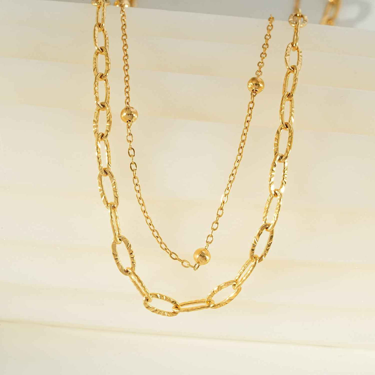 CASTILIA Gold Necklace:  Double Stacked Paper Clip Chain &  Beaded Chain - Dazzle in Duality.