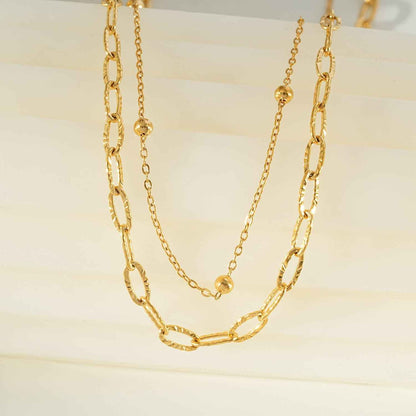 CASTILIA Gold Necklace:  Double Stacked Paper Clip Chain &  Beaded Chain - Dazzle in Duality.