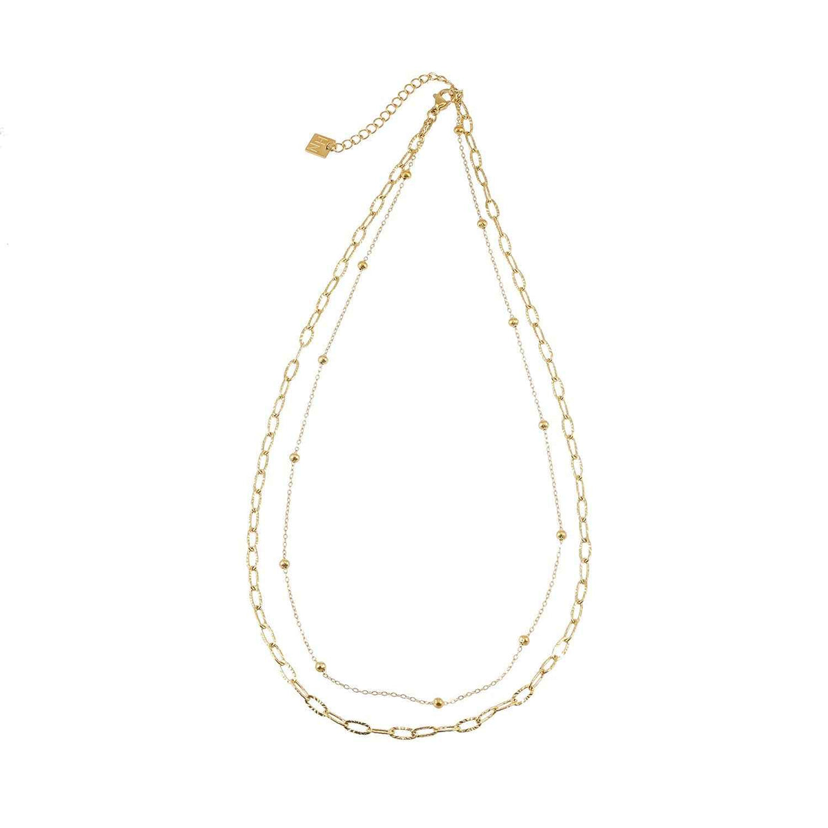CASTILIA Gold Necklace:  Double Stacked Paper Clip Chain &  Beaded Chain - Dazzle in Duality.