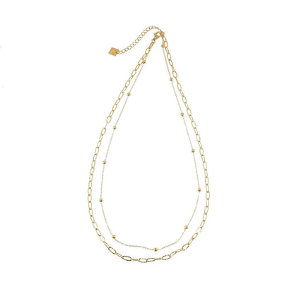CASTILIA Gold Necklace:  Double Stacked Paper Clip Chain &  Beaded Chain - Dazzle in Duality.