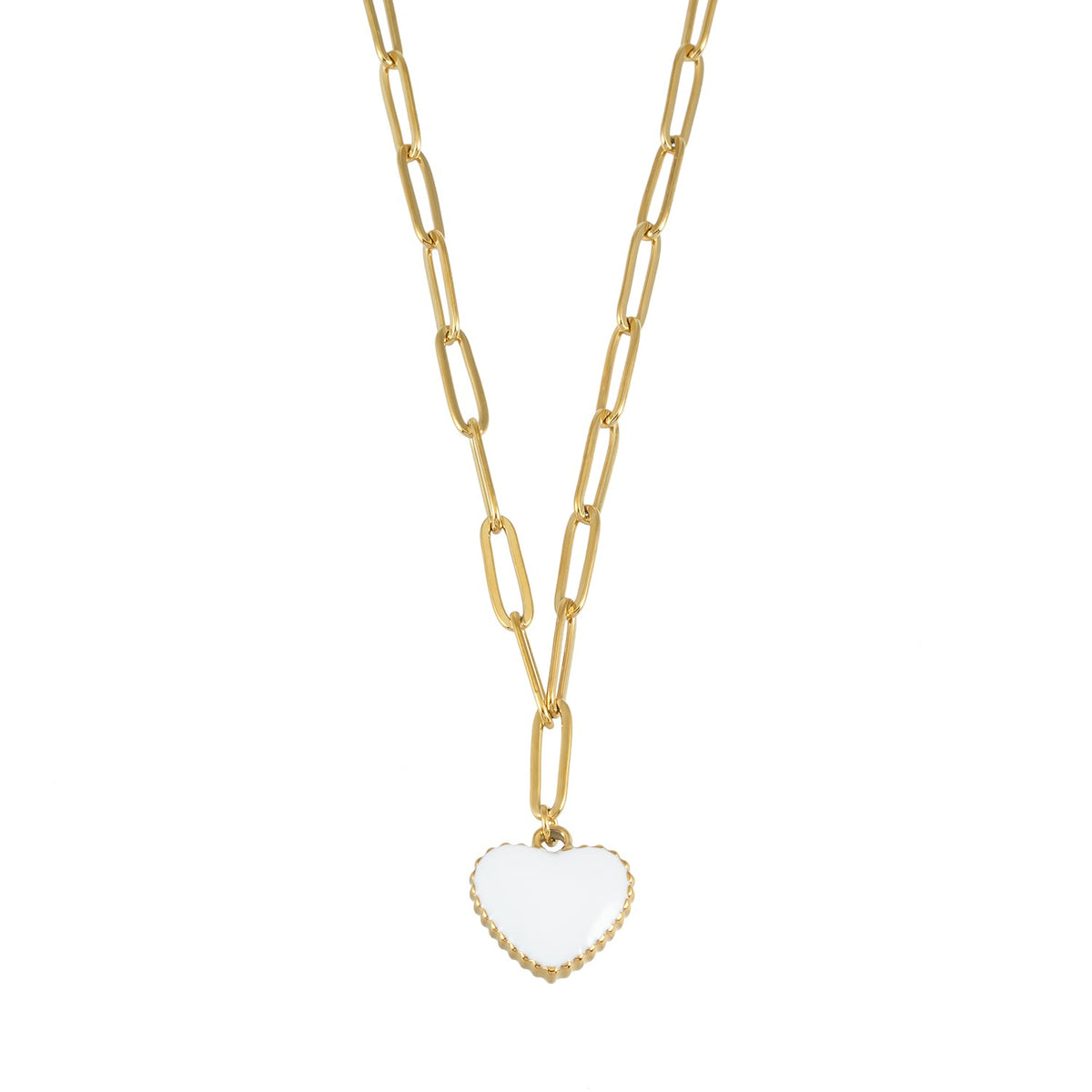 HEART WHITE Gold: Paper Clip Chain Anchoring an Enameled White Heart Charm