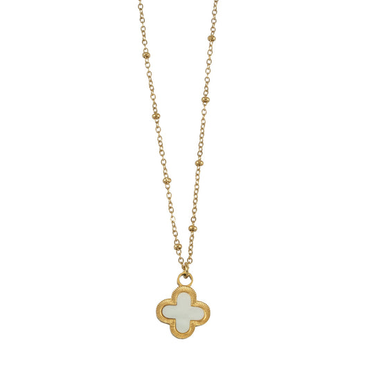LULLA Gold: Natural Shell Clover Pendant Beaded Chain Necklace