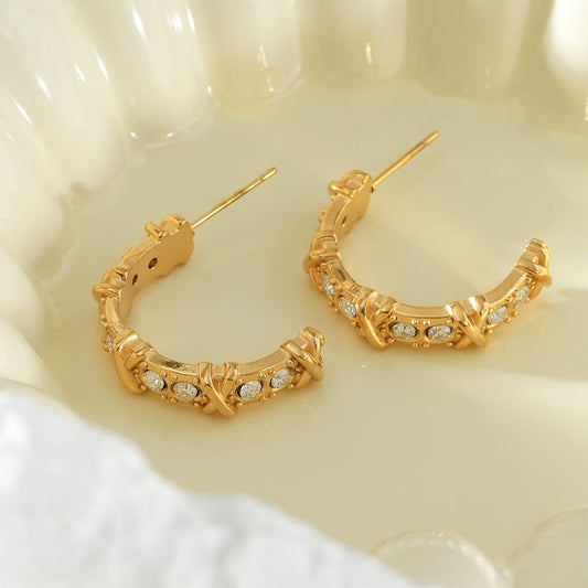 ELICA Gold: Zirconia Embedded Hoop Earrings with Ornate Detail &  Crisscross Accents