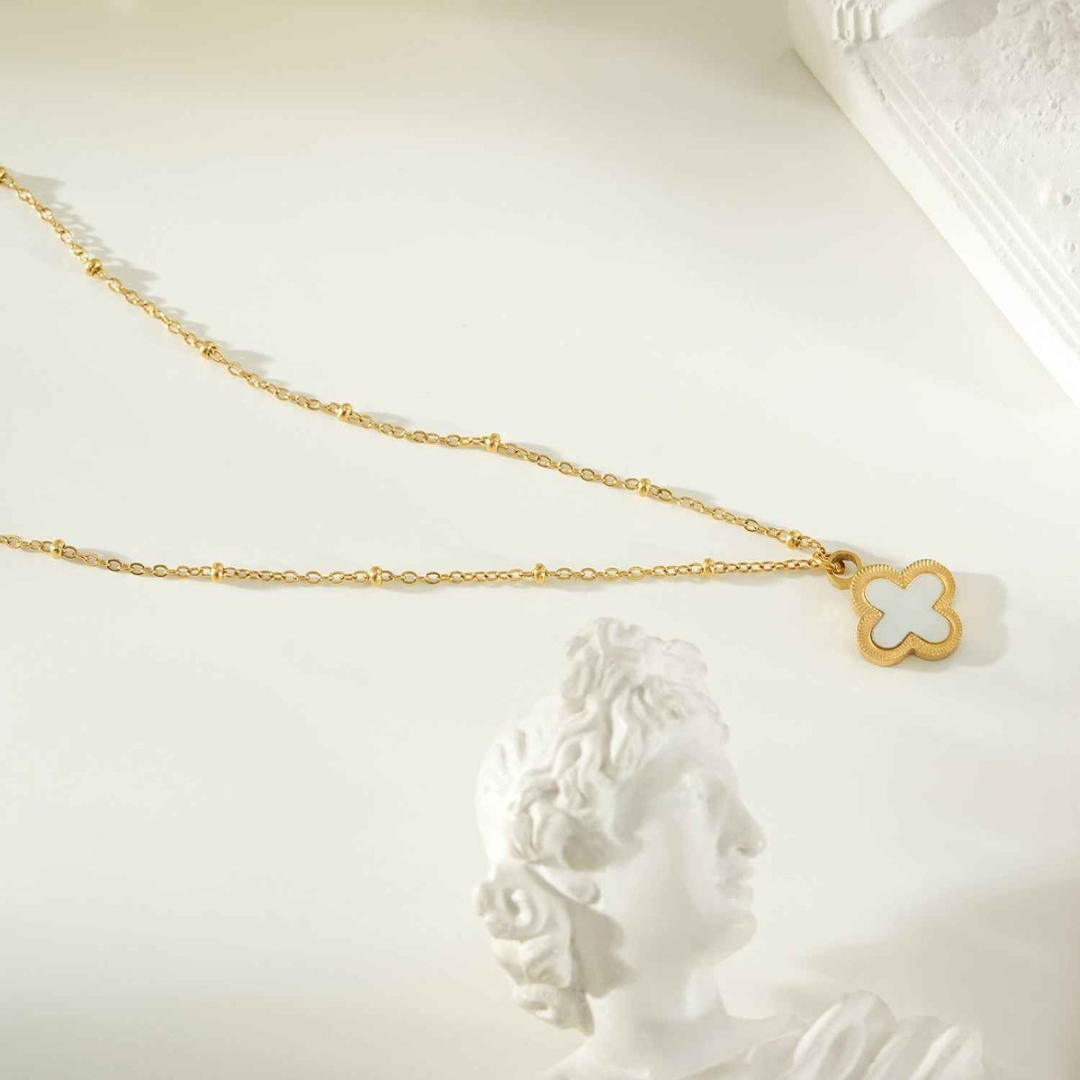 LULLA Gold: Natural Shell Clover Pendant Beaded Chain Necklace