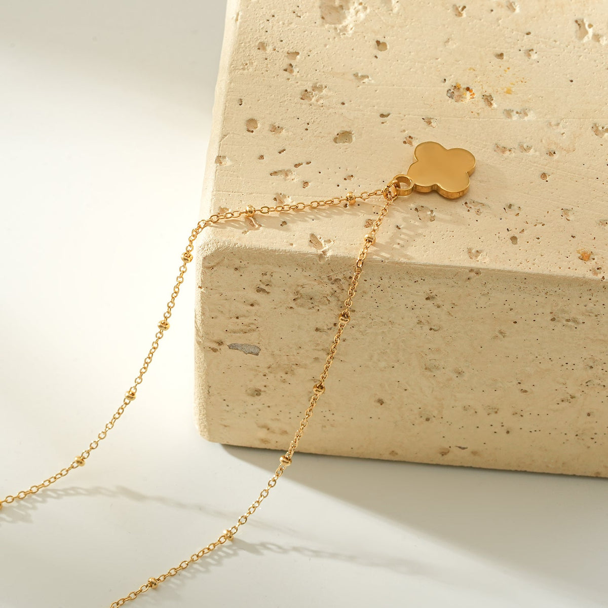 LULLA Gold: Natural Shell Clover Pendant Beaded Chain Necklace