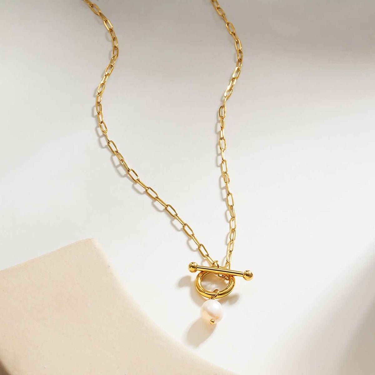 D'ANGELA Gold:  Paperclip Chain Necklace with Toggle Fastener & Pearl Charm