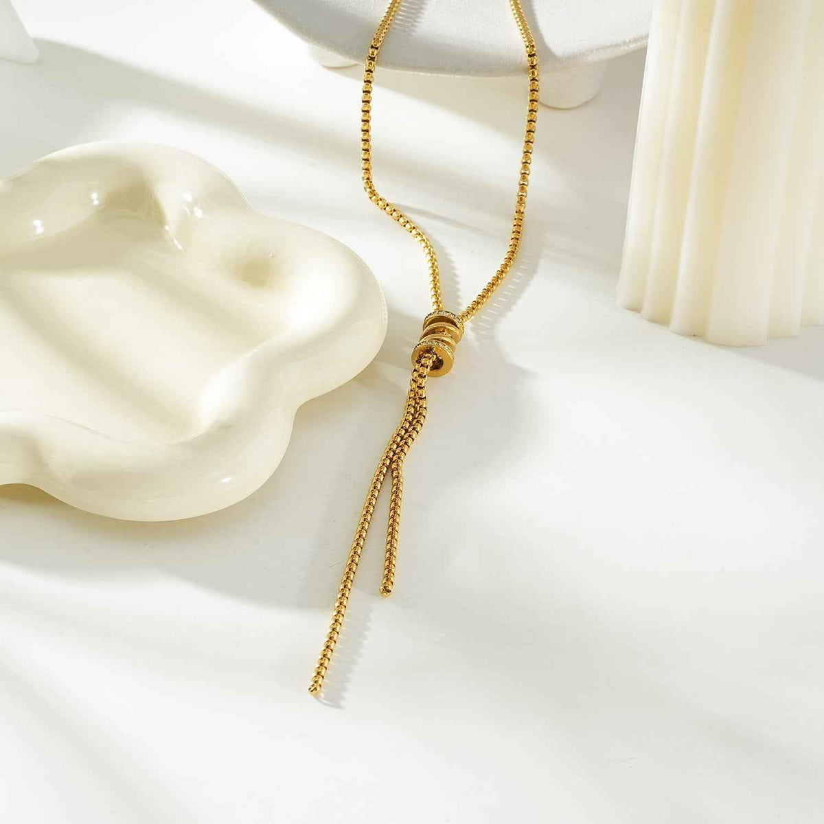 MAHANA Gold: Lariat Necklace with Sliding Bead & Tassel Drop – Modern Minimal Statement