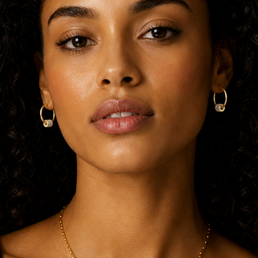 DUNIYA Gold: Mini Hoop Earrings with Barrel Pavé Zirconia Stones Charm – Luxe Modern Style