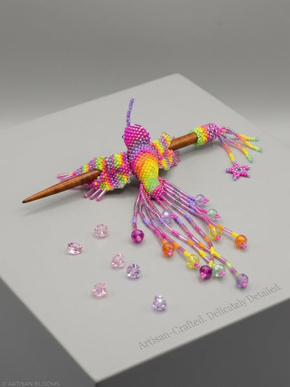 Pink Hummingbird Beaded Hair Stick