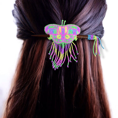 Pink and Green Wooden Stick Butterfly Beaded Barrette with Fringes
