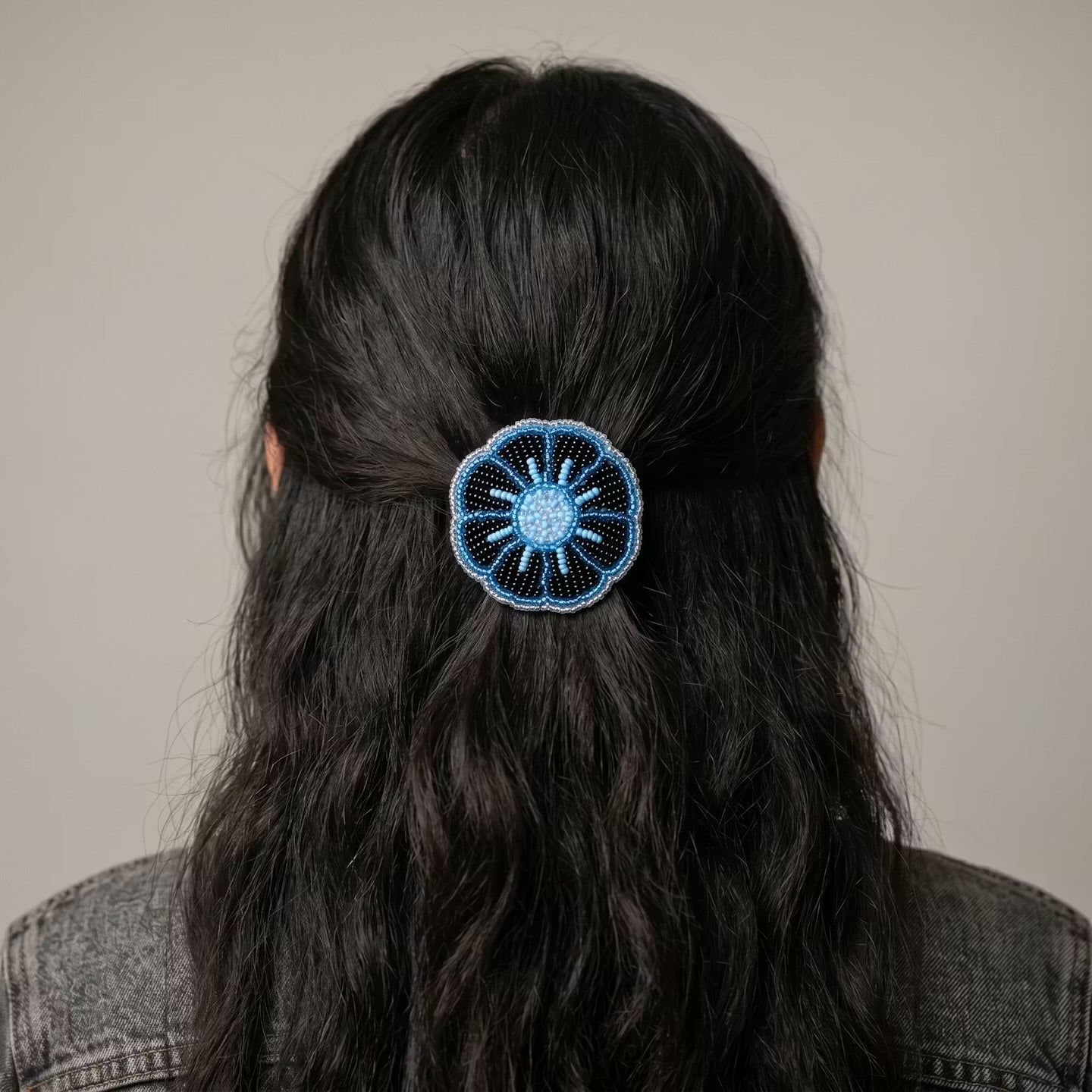 Blue Beaded Flower Barrette