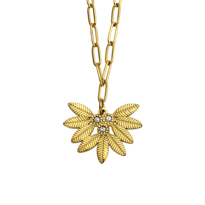 ENOLA Mini Paper Clip Chain with Leaves Design Zirconia Pendant in Gold