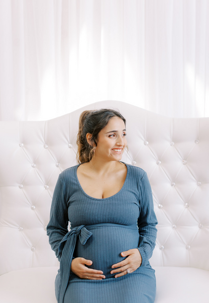 Long Sleeve Ribbed Tie Maternity Dress