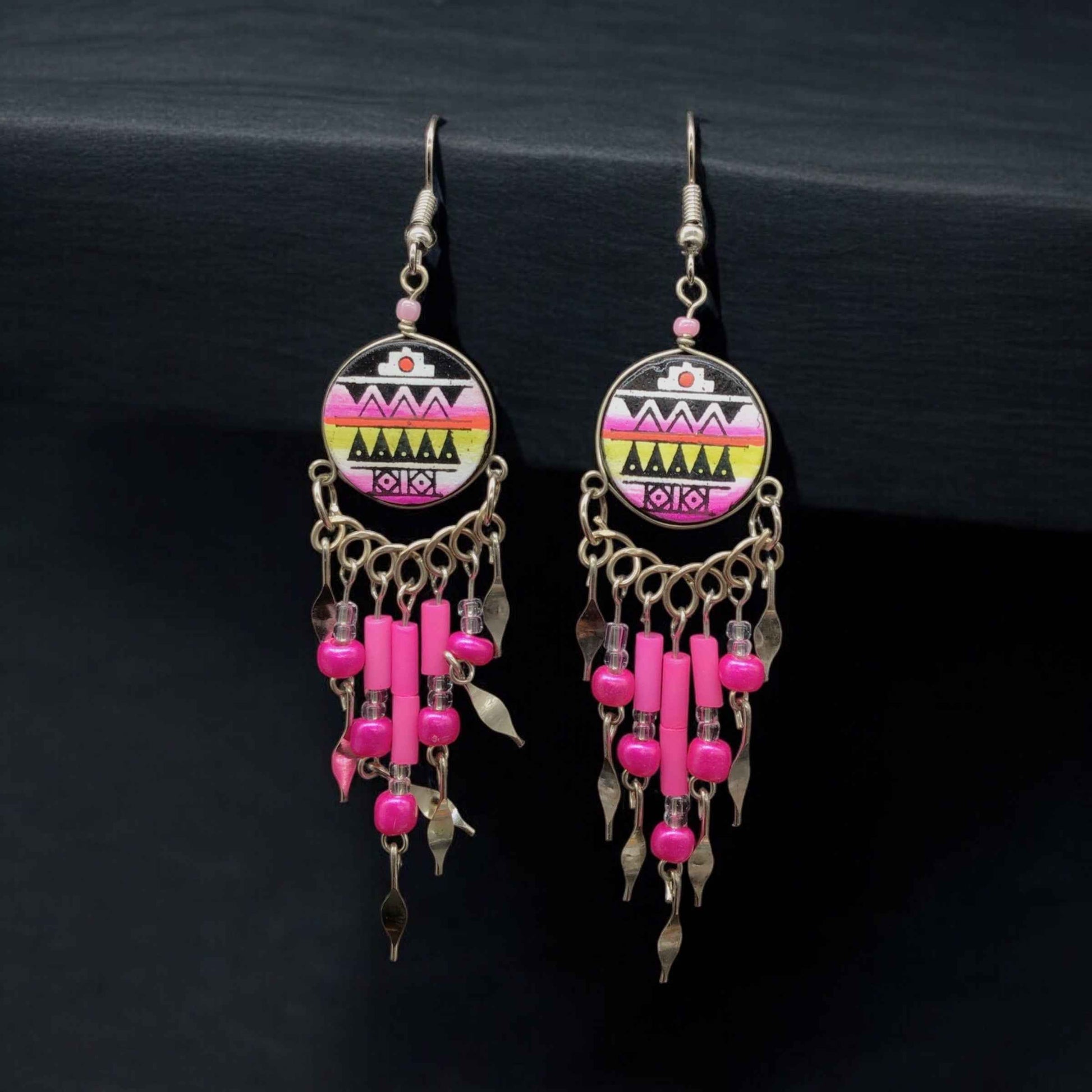 Pink and Black Southwestern Round Shaped Dangle Earrings