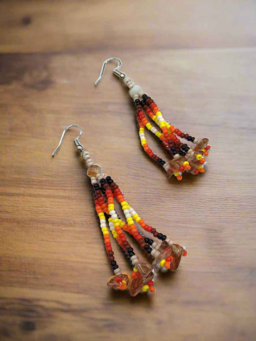 Beige Six-Strand Beaded Cascade Earrings