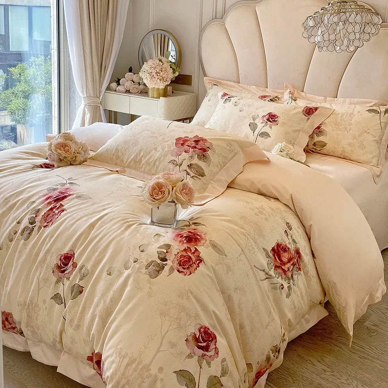 Floral Rose Jacquard Egyptian Cotton 1000 TC Duvet Set - Ivory