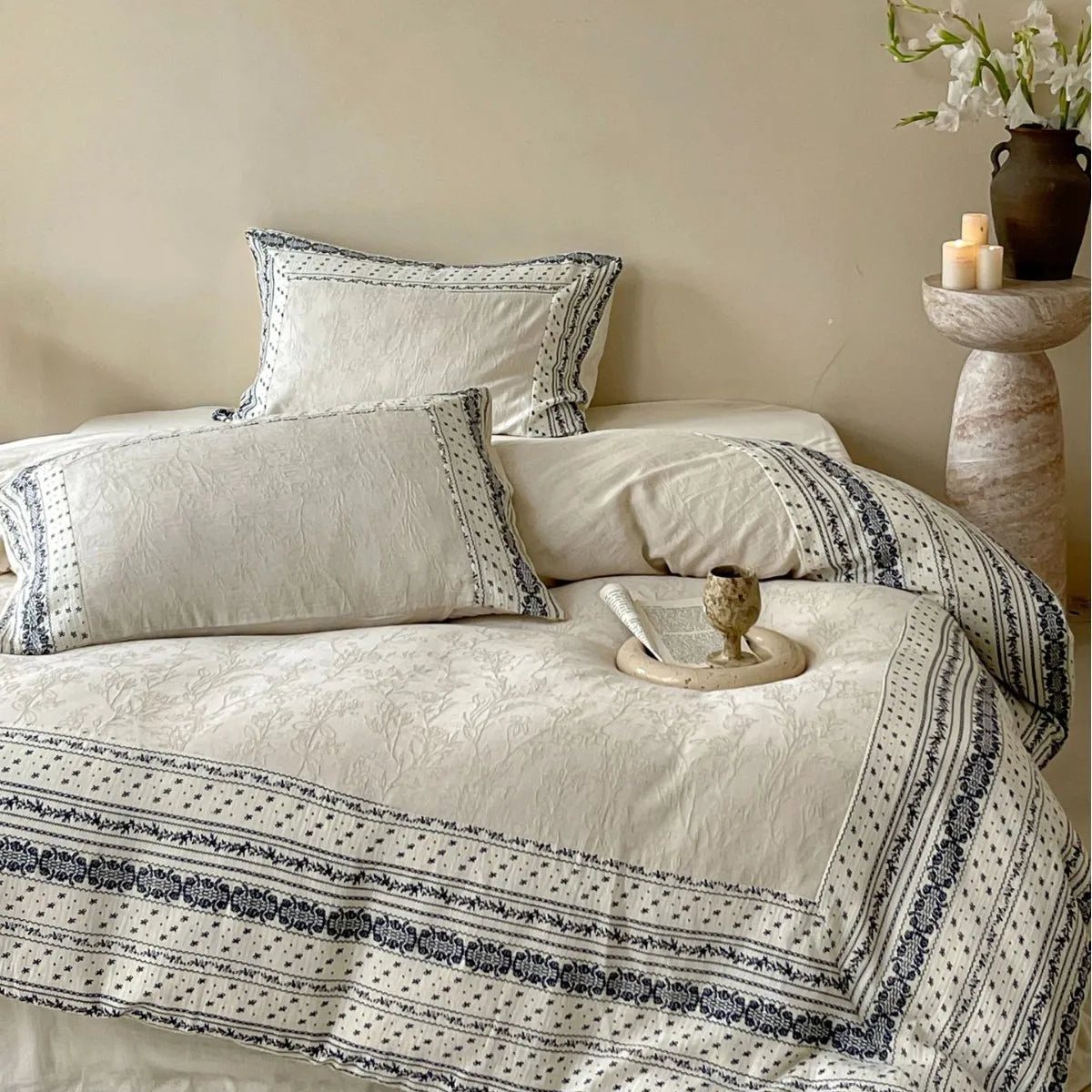 French Chateau Vintage Style Premium 4 Pc Cotton Linen Duvet Set - Cream