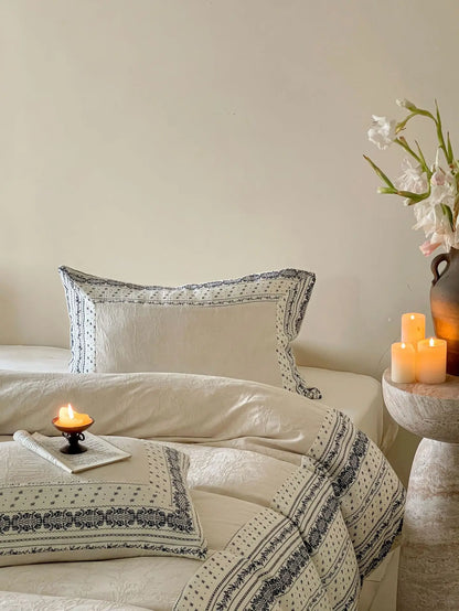 French Chateau Vintage Style Premium 4 Pc Cotton Linen Duvet Set - Cream