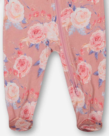 Organic Cotton One Piece Pajama Old Pink Printed Roses