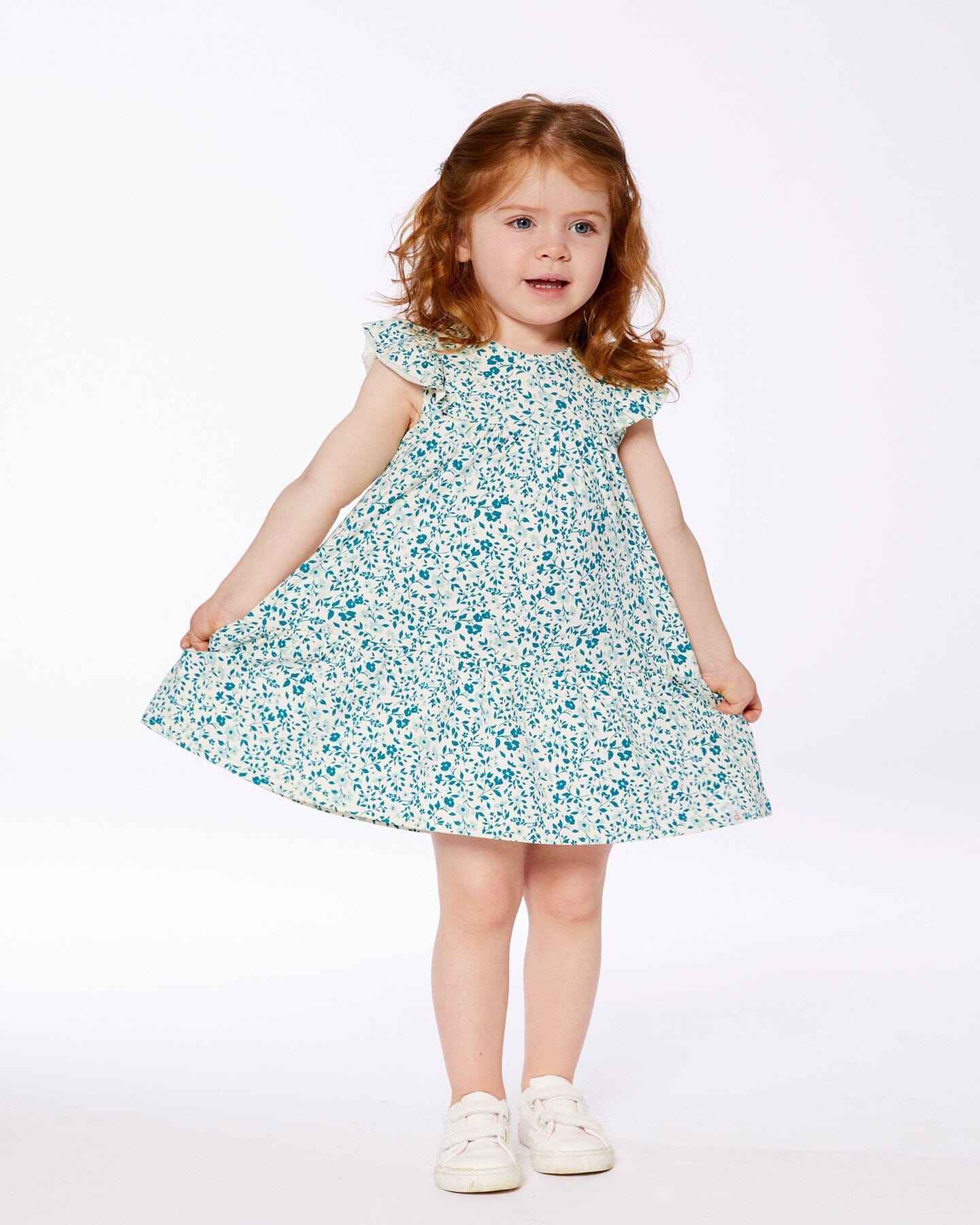 Printed Organic Cotton Dress Small Turquoise Flowers