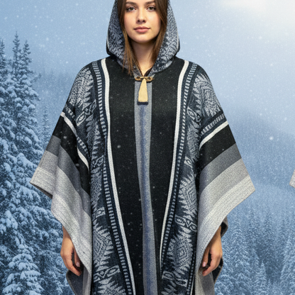 Light grey/w black Soft Handmade Wool Ponchos