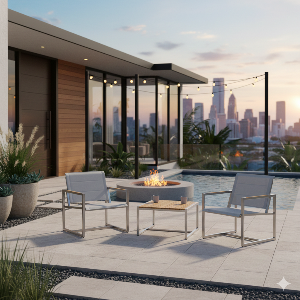 Pine Stainless Steel & Teak Outdoor Sling 2 Chairs Bistro Set - AURABAGS SHOP