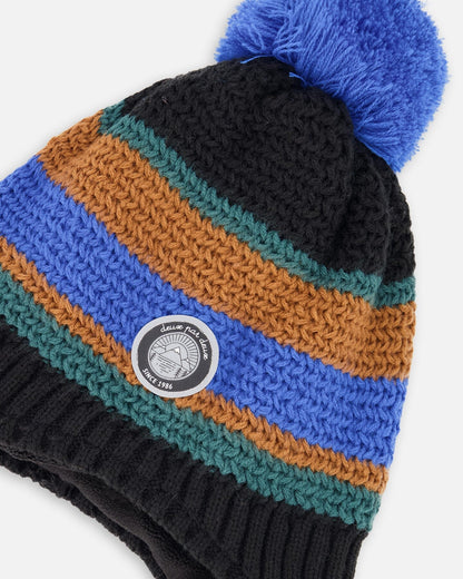 Lined Peruvian Knit Pompom Hat Black, Blue And Brown